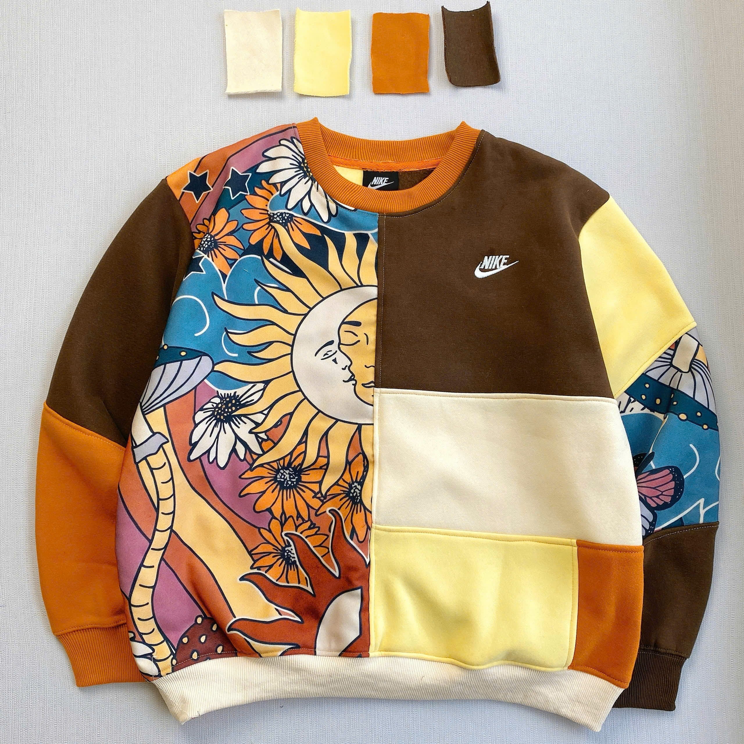 Handcrafted Celestial Patchwork Reworked Sweatshirt - Earth Tone Edition