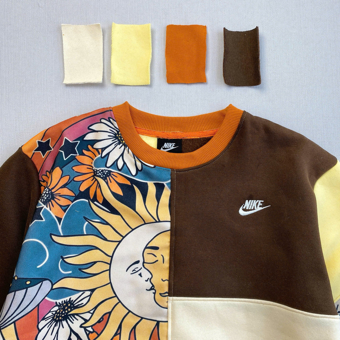 Handcrafted Celestial Patchwork Reworked Sweatshirt - Earth Tone Edition