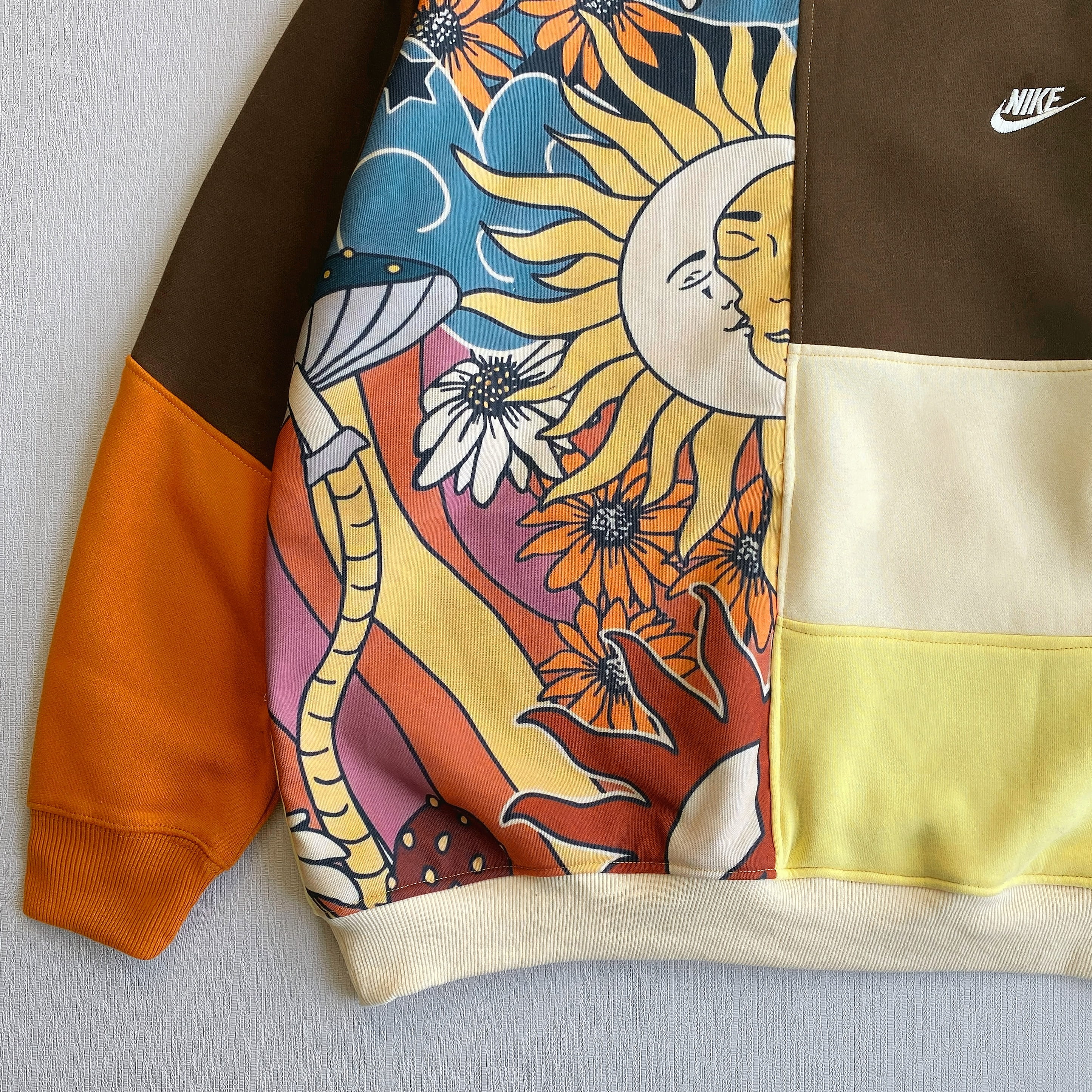 Handcrafted Celestial Patchwork Reworked Sweatshirt - Earth Tone Edition