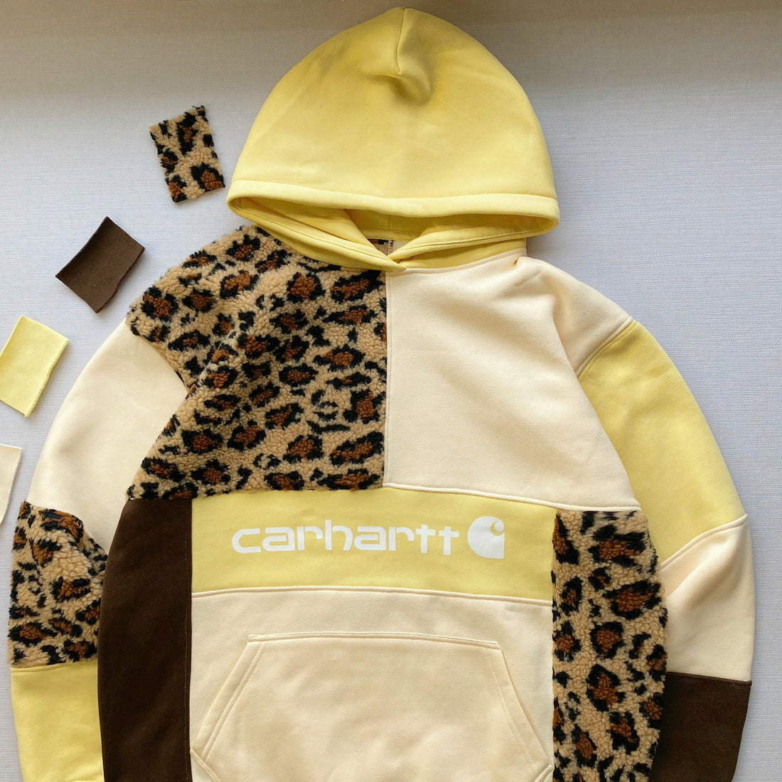 Handcrafted Leopard Panel Reworked Hoodie - Cream/Yellow Edition