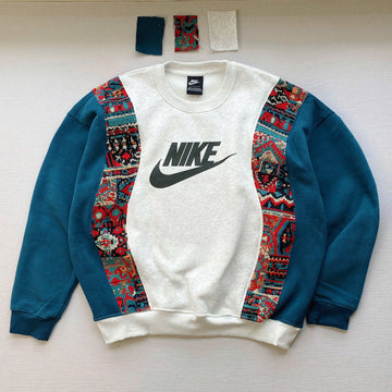 Handcrafted Tribal Panel Reworked Sweatshirt - Teal/Cream Edition