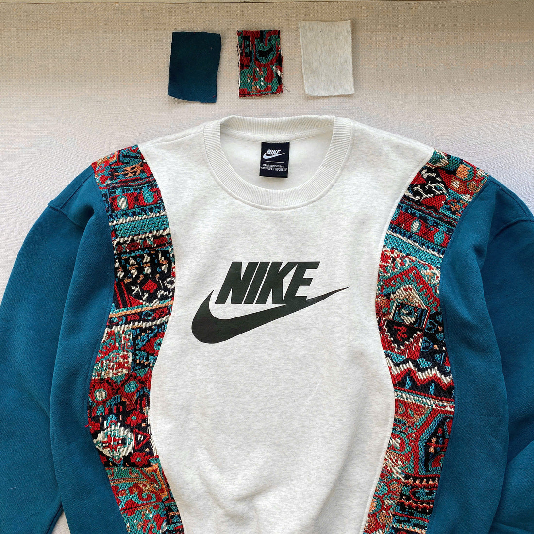 Handcrafted Tribal Panel Reworked Sweatshirt - Teal/Cream Edition