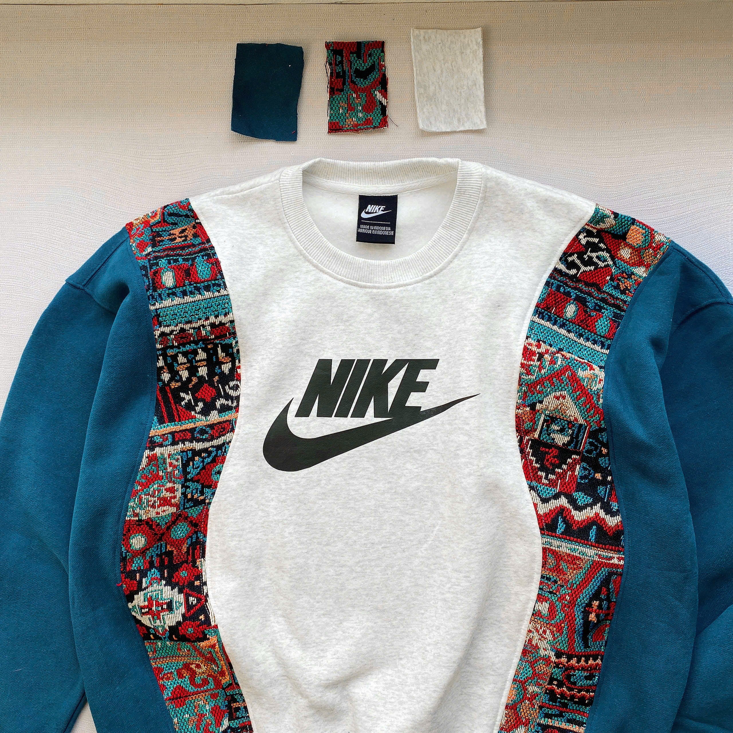 Handcrafted Tribal Panel Reworked Sweatshirt - Teal/Cream Edition