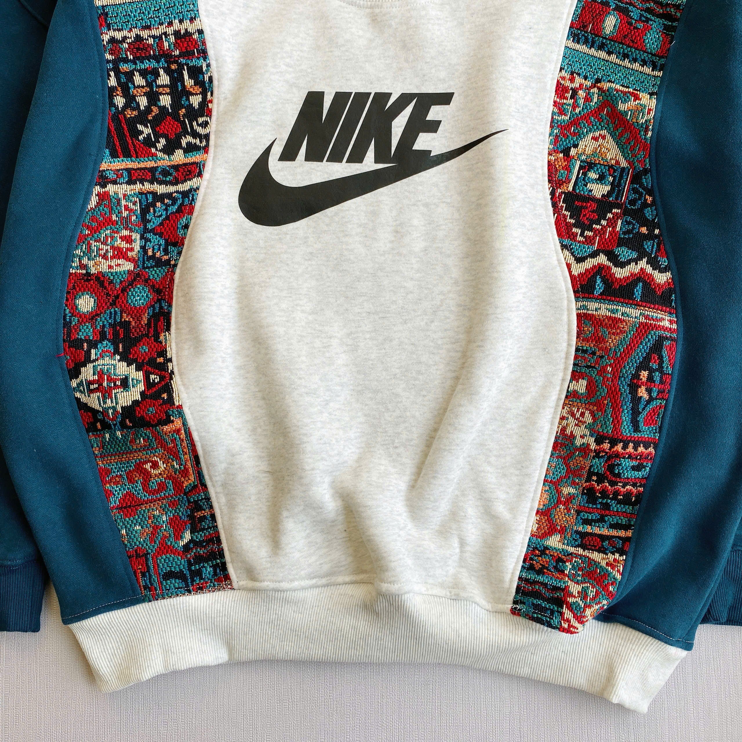 Handcrafted Tribal Panel Reworked Sweatshirt - Teal/Cream Edition