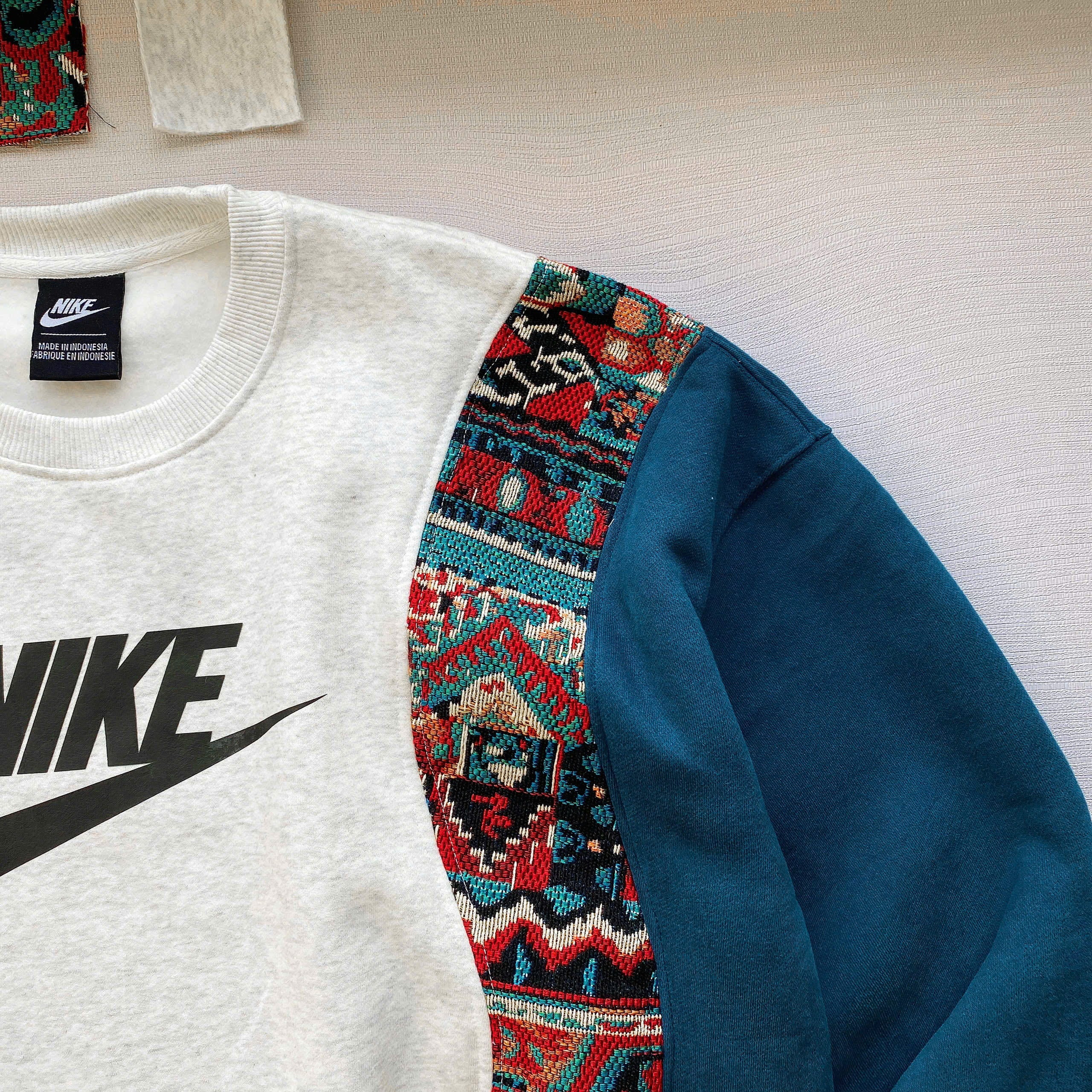Handcrafted Tribal Panel Reworked Sweatshirt - Teal/Cream Edition