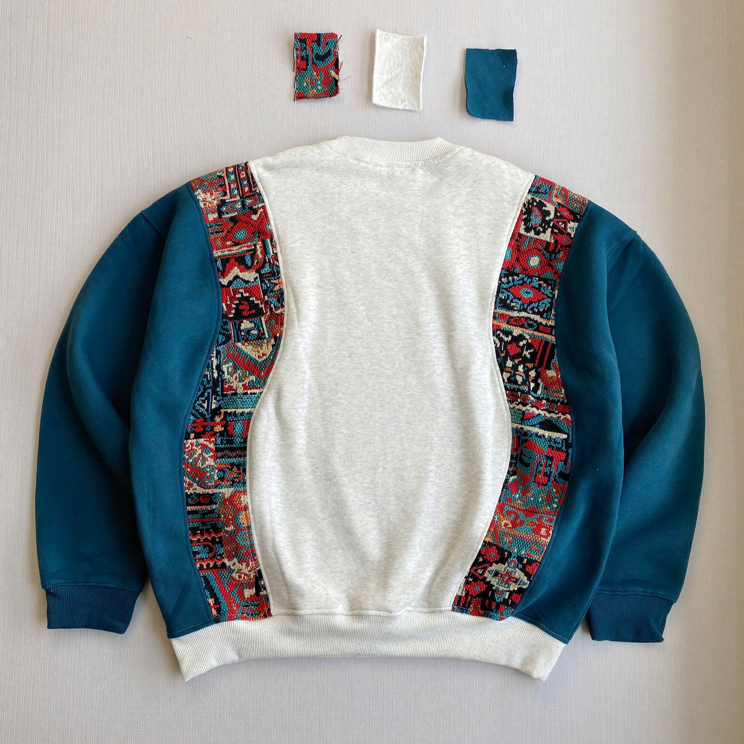 Handcrafted Tribal Panel Reworked Sweatshirt - Teal/Cream Edition