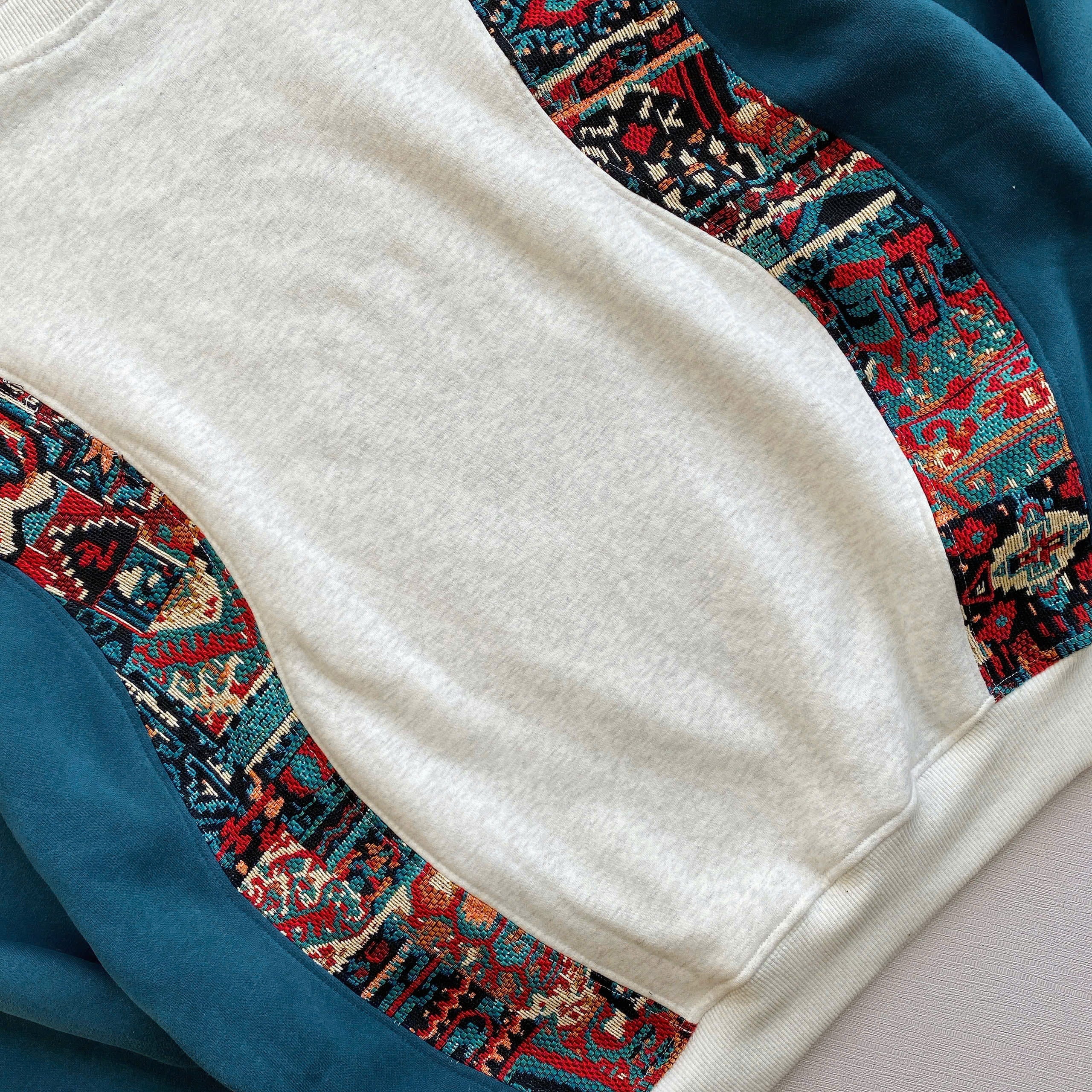 Handcrafted Tribal Panel Reworked Sweatshirt - Teal/Cream Edition