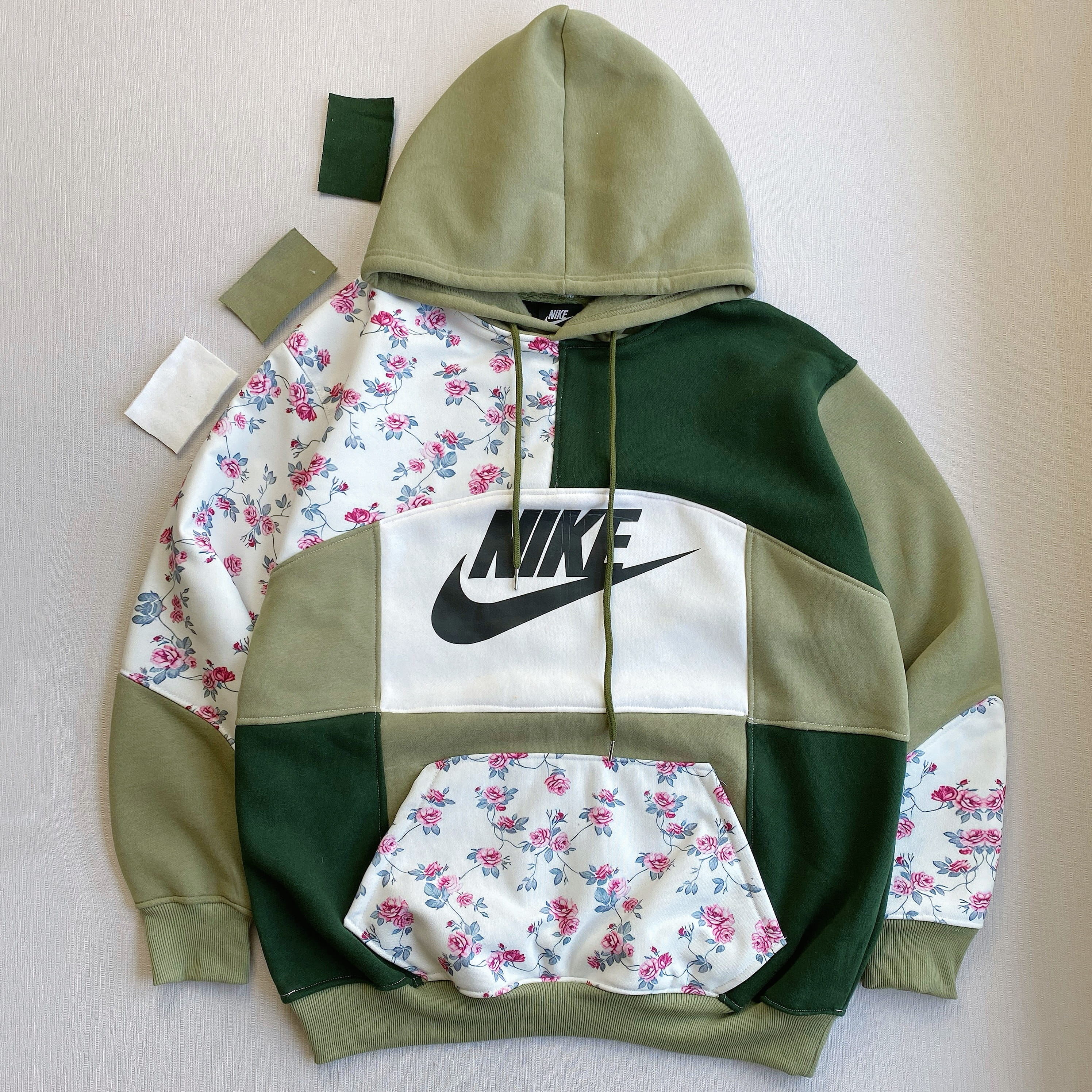 Handcrafted Floral Panel Reworked Hoodie - Olive Garden Edition