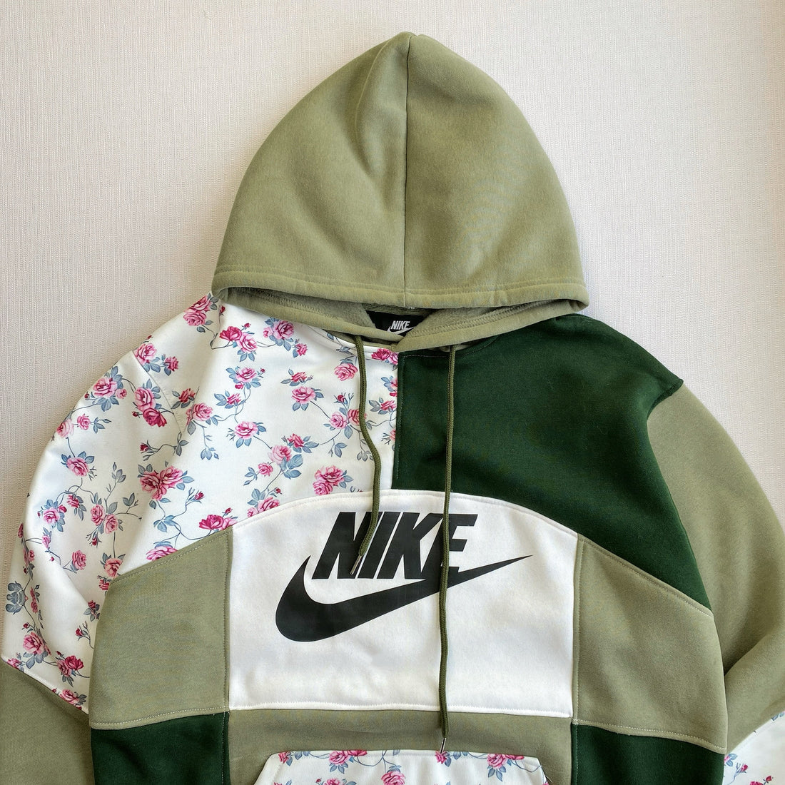 Handcrafted Floral Panel Reworked Hoodie - Olive Garden Edition