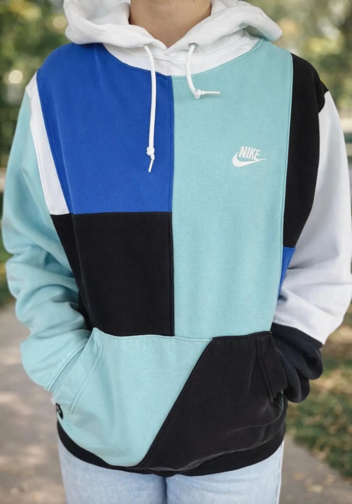 Blue diced upcycled hoodie