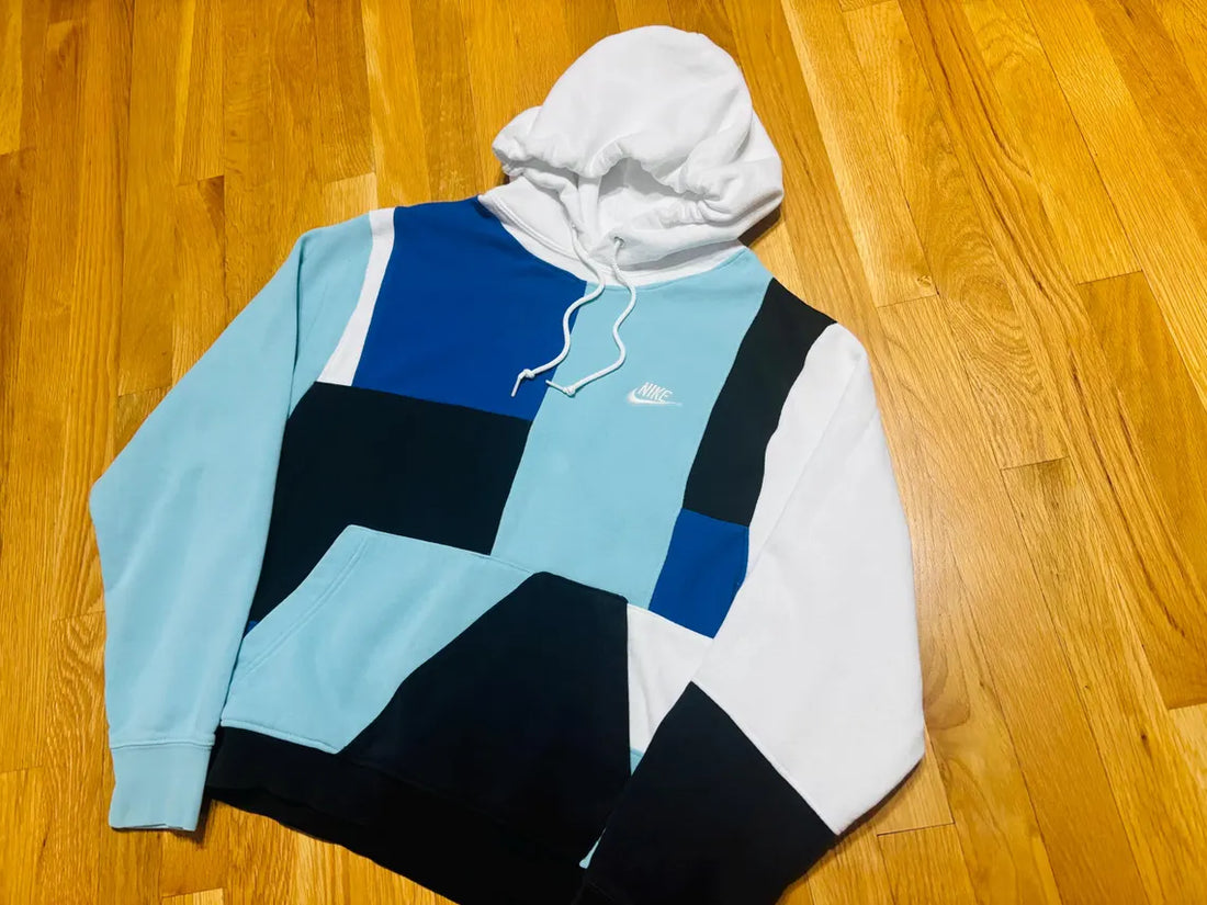 Blue diced upcycled hoodie