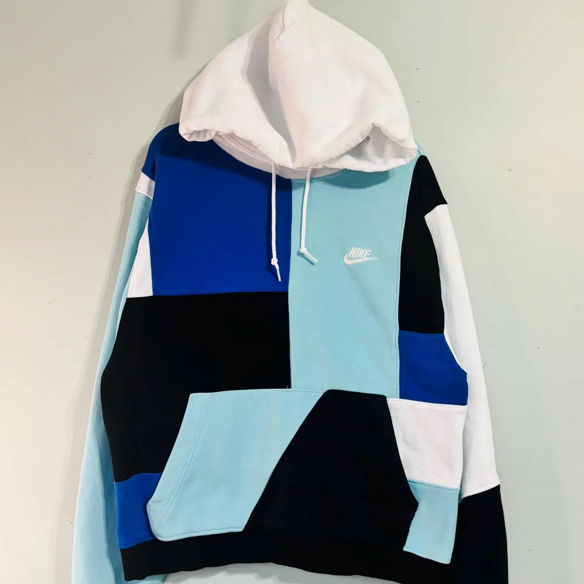 Blue diced upcycled hoodie
